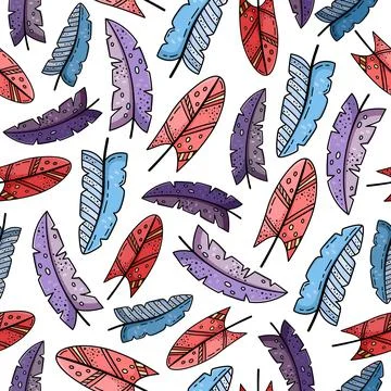 Hand drawn vector seamless pattern with doodles illustrations. Creative feath Stock Illustration