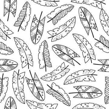 Hand drawn vector seamless pattern with doodles illustrations. Creative feath Illustrazione stock
