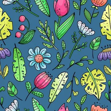 Hand drawn vector seamless pattern with doodles illustrations. Flowers and pl Stock-Illustration