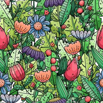 Hand drawn vector seamless pattern with doodles illustrations. Flowers and pl Stock Illustration