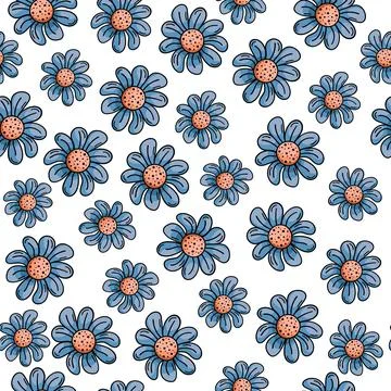 Hand drawn vector seamless pattern with doodles illustrations. Blue flowers w Stock Illustration