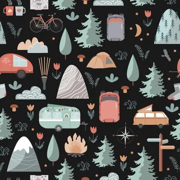 Hand drawn vector seamless pattern with summer camping equipment. Trailers Stock Illustration