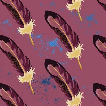 Hand drawn vector seamless pattern with painted bird feathers. Stock Illustration
