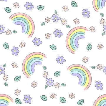 Hand drawn vector seamless pattern with cute rainbows and spring flowers Stock Illustration