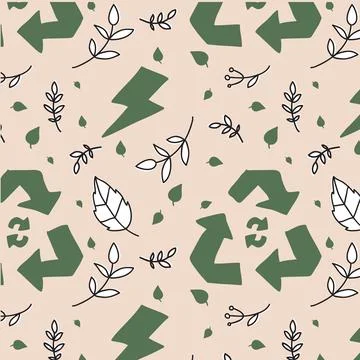 Hand drawn vector seamless pattern of ecology concepts, designs, and icons .. Stock Illustration