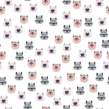 Hand drawn vector seamless pattern of funny cartoon kittens Stock Illustration