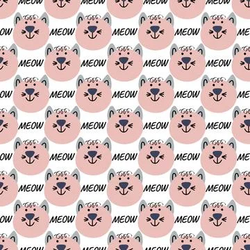 Hand drawn vector seamless pattern of funny cartoon kittens, meow Stock Illustration