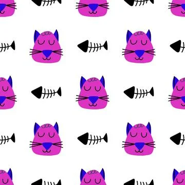 Hand drawn vector seamless pattern of funny cartoon kittens, fish, fish bone Stock Illustration
