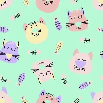 Hand drawn vector seamless pattern of funny cartoon kittens, fish, fish bone Stock Illustration