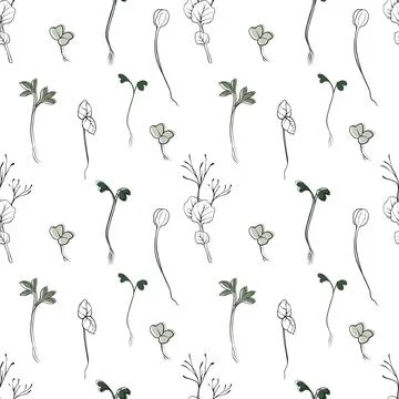 Hand drawn vector seamless pattern with microgreens . Contour sprouts of Illustrazione stock
