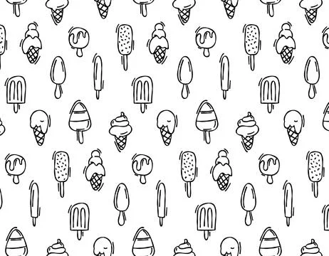 Hand drawn vector seamless pattern of ice cream on a white background. Desi.. Stock Illustration