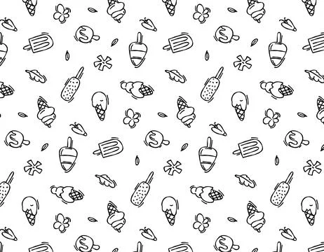 Hand drawn vector seamless pattern of ice cream on a white background. Desi.. Stock Illustration