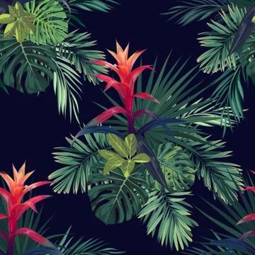 Hand drawn vector seamless tropical floral pattern with guzmania flowers Stock Illustration