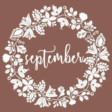 Hand drawn vector september sign with wreath on brown background Stock Illustration