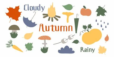 Hand drawn vector set autumn elements. Fall leaves, mushrooms, maple, acorn.. 스톡 일러스트
