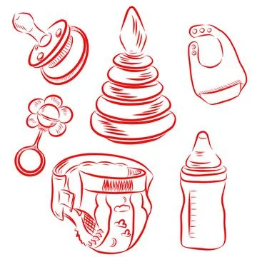 Hand drawn vector set of baby care essentials, red line art Illustration