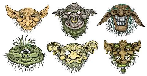 Hand drawn vector set with colorful engraved funny demon or gnome faces Stock Illustration