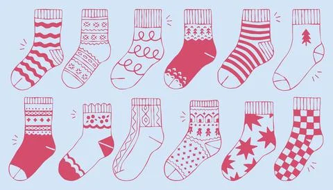 Hand drawn vector set of cozy patterned winter socks in pink line art. Great イラスト素材