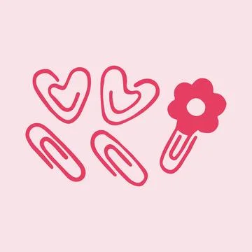 Hand drawn vector set of cute pink paper clips featuring heart shapes, classic Stock Illustration