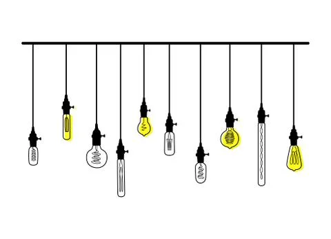 Hand drawn vector set of different geometric loft lamps bulbs with yellow glow. Stock Illustration