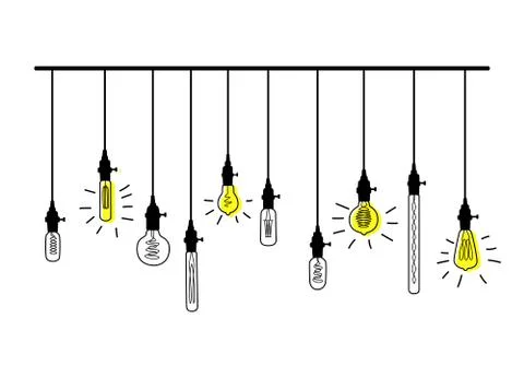 Hand drawn vector set of different geometric loft lamps bulbs with yellow glow. Stock Illustration