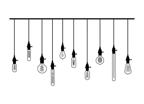 Hand drawn vector set of different geometric loft lamps with yellow glow. Stock Illustration