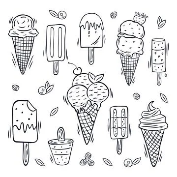 Hand drawn vector set of different ice creams, popsicles Stock Illustration