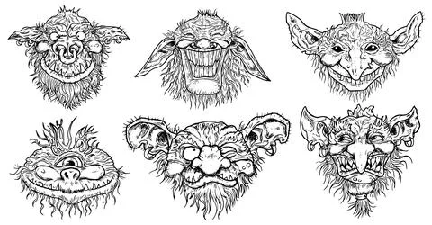 Hand drawn vector set with engraved funny demon or gnome faces Stock Illustration