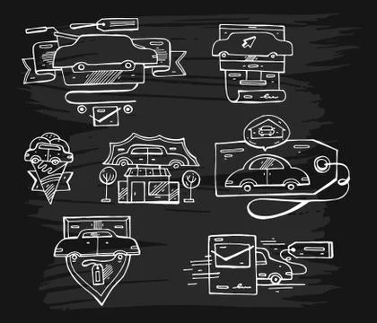 Hand drawn vector Set of graphic lined car logo elements,emblems and icons. Stock Illustration