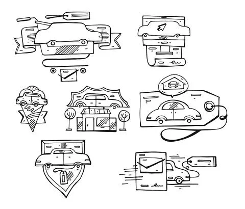 Hand drawn vector Set of graphic lined car logo elements,emblems and icons 스톡 일러스트