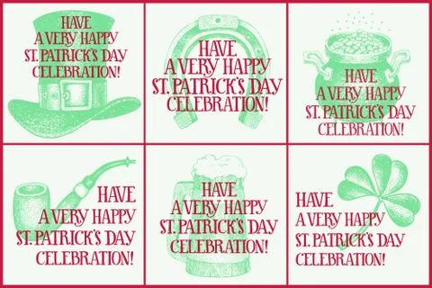 Hand drawn vector set of greeting cards for St. Patrick s Day. Greeting card Stock Illustration