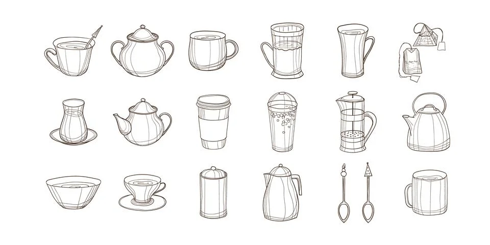 Hand-drawn vector set illustration of items for tea and coffee. With black Stock Illustration