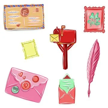 Hand drawn vector set illustration of postal items Stock Illustration