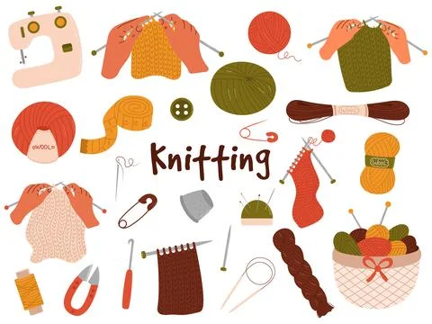 Hand drawn vector set of knitting tools. Wool yarns, hook, knitting needles,  Stock Illustration