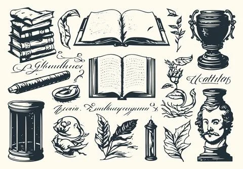 Hand-drawn vector set of literature elements in engraving style, including .. Stock Illustration