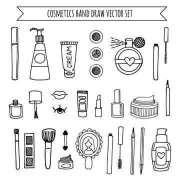 Hand drawn vector set of make up and cosmetics. Stock Illustration