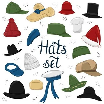 Hand drawn vector set of man and woman hats. Stylish male and female headwear Illustrazione stock