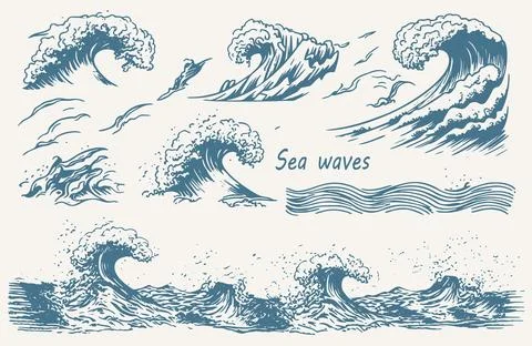 Hand-drawn vector set of ocean waves, including storm waves, tides, and bea.. Stock Illustration