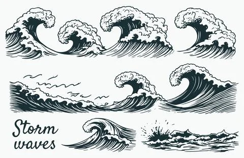 Hand-drawn vector set of ocean waves, including storm waves, tides, and bea.. Stock Illustration