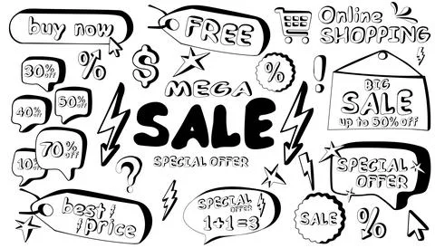 Hand drawn vector set of sale elements in doodle style. Stock Illustration