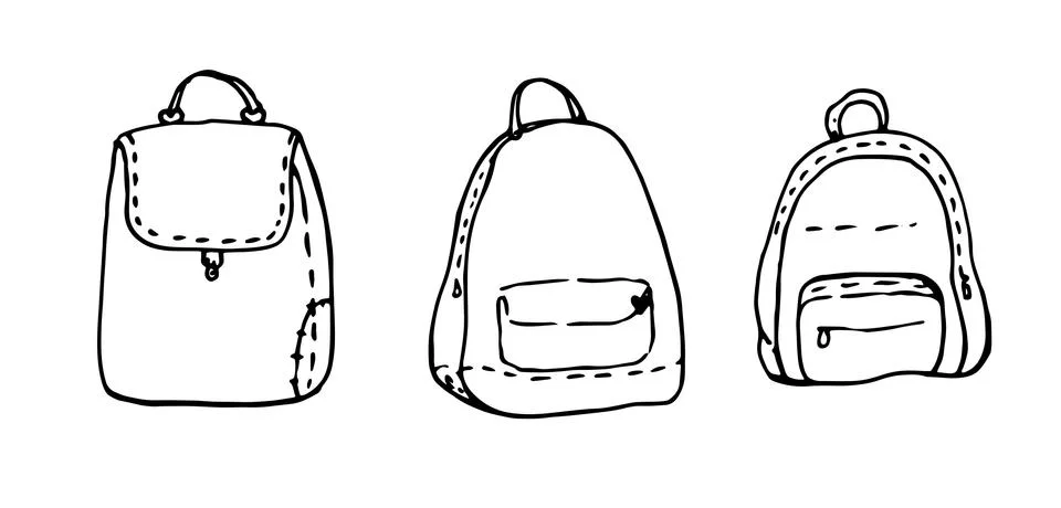 Hand drawn vector set sketch Doodle backpacks. Casual Backpack, Fashion Backpack Stock Illustration