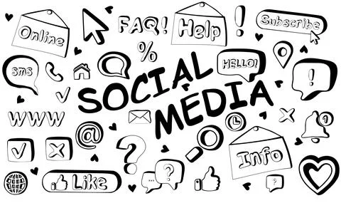 Hand drawn vector set of social media elements in doodle style Stock Illustration