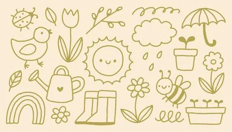 Hand drawn vector set of spring garden doodles. Cute minimalist icons featuring Ilustração Stock