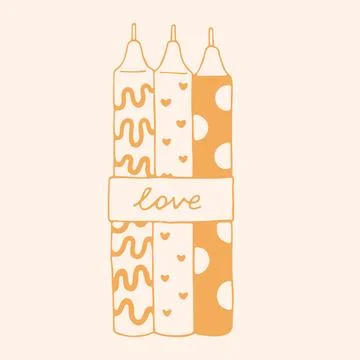 Hand drawn vector set of three decorated candles tied with a Love label Stock Illustration