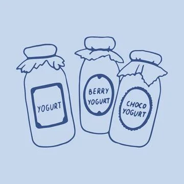 Hand drawn vector set of three rustic glass yogurt jars with cloth covers and Stock Illustration