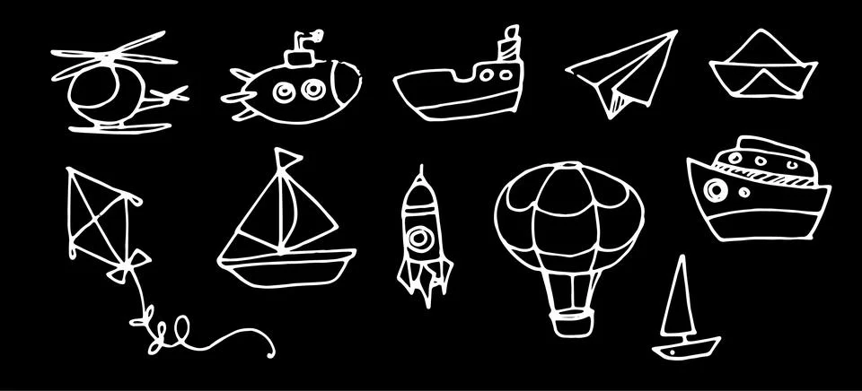 Hand-drawn vector set of transport elements Helicopter Submarine Balloon Rocket イラスト素材