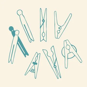 Hand drawn vector set of various clothespins and pegs. Simple teal doodle of Stock Illustration