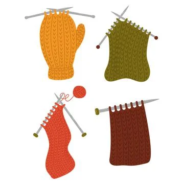 Hand drawn vector set of wool yarns, knitting needles Stock Illustration