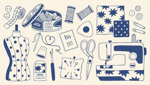 Hand drawn vector sewing kit set in Mediterranean blue. Features sewing Illustrazione stock
