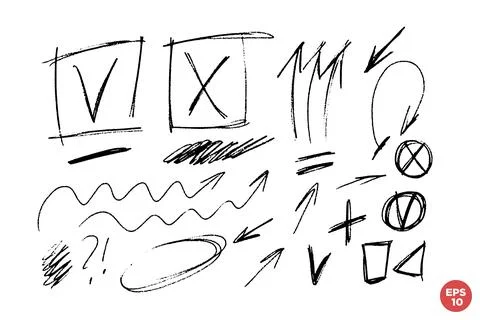 Hand drawn vector signs, marks, lines, crosses and checkboxes. Sings ans symb Stock Illustration